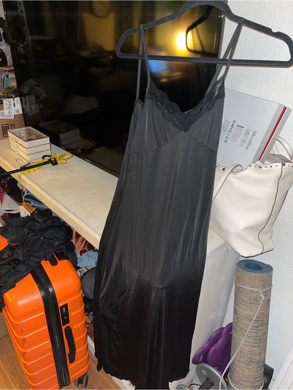 Never Worn Black Satin Lace-Trim Slip Dress